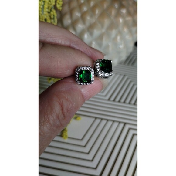 Faux Princess Cut Emerald & Diamond Stud Earrings - Picture 4 of 5